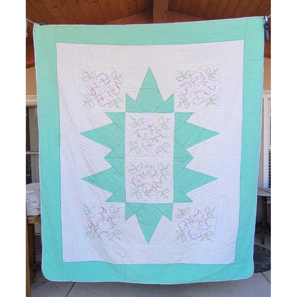Vintage Handmade Quilt 77x90 Embroidered Floral Turquoise White Star Queen
